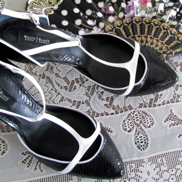BLACK & WHITE HEELS, 8.5, 8 1/2 WHITE HOUSE BLACK MARKET SHOES, LEATHER - Picture 5 of 8